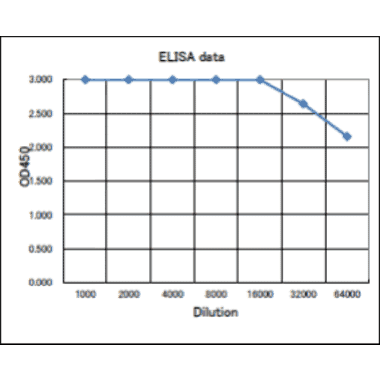 Titration of antibody reactivity of Anti-Rad51 Antibody by ELISA. Plate was coated with 100µg of recombinant Rad51 protein (S. cerevisiae) per well and 100µl of the antiserum at the indicated dilution was added to each well and incubated. After washing, Goat Anti-Rabbit IgG (HRP) was added as secondary antibody. Color was developed with TMB as substrate.