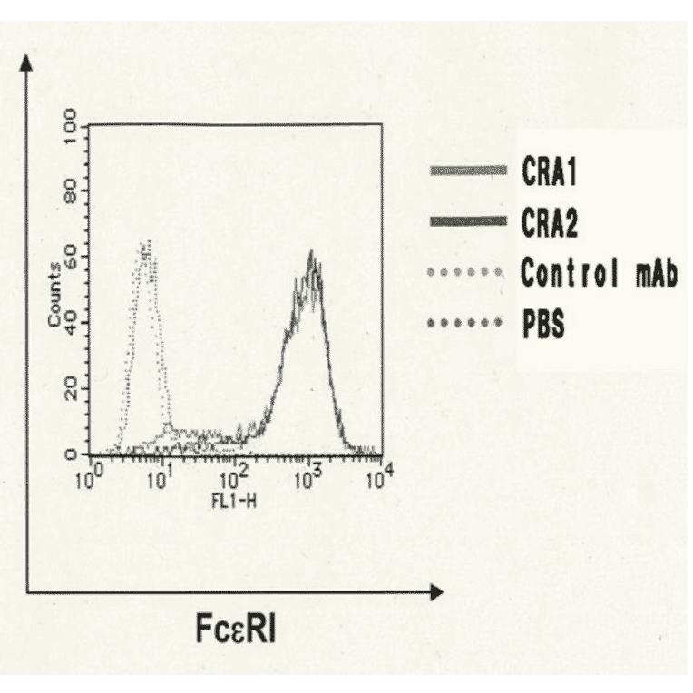 Flow-cytometry of CHO/Fc eR1acells with CRA1 and CRA2 antibodies