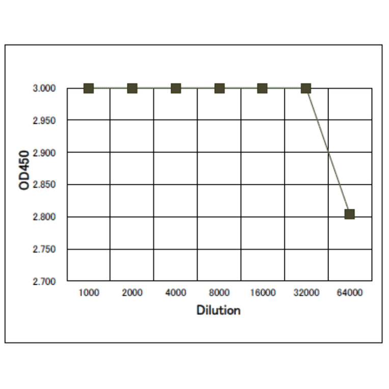 ELISA of human Rad52 protein with Anti-Rad52 Antibody. ELISA analysis of human Rad52 protein, using the Anti-Rad52 Antibody. Plate was coated with 100µl of recombinant human Rad52 protein at 1µg/ml per well and 100µl of Anti-Rad52 Antibody at the indicated dilution was added to each well and incubated. After washing, Goat Anti-Rabbit IgG Antibody (HRP) was added as a secondary antibody. Color was developed with TMB as substrate.