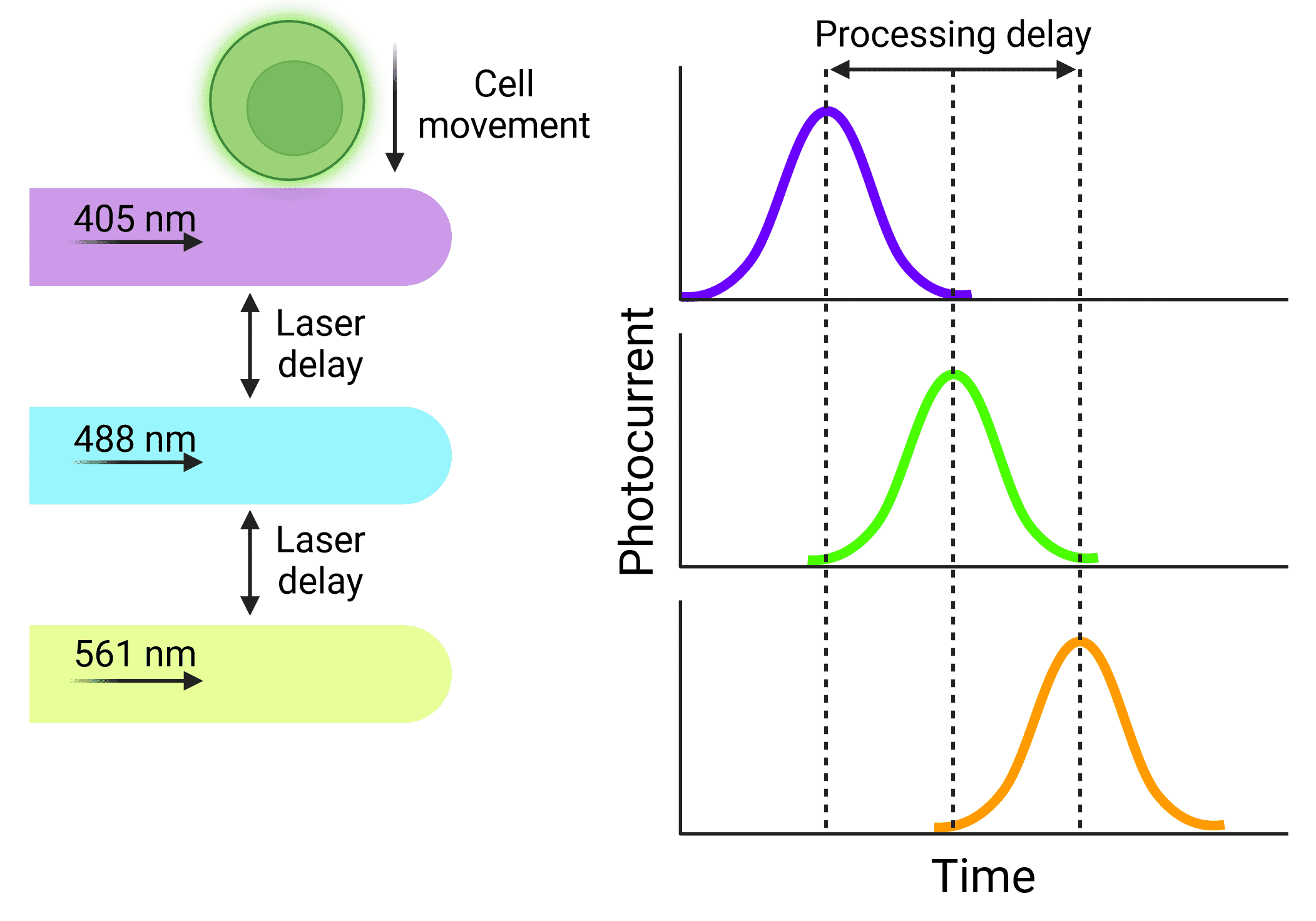 Diagram and graph showing how a processing delay corresponds to the delay in cells reaching successive lasers